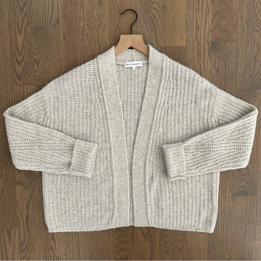 NWT White + Warren Cashmere Air Spun Ribbed Open Cardigan in White Marl Large